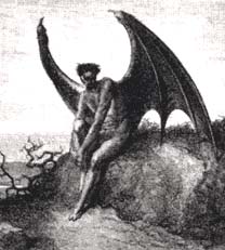 satan contemplates the development of his dark and morbid philosophies, while gOD above keeps working on image