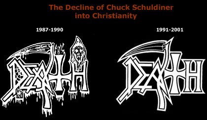 How the Death logo, under Chuck Schuldiner's direction, changed to de-emphasize the upside-down cross and to make the logo less 'evil', in contrast to Chuck's nickname 'evil Chuck,' because he wished to endorse a secular humanist, individualist, self-pitying absolutist secular Christian worldview inspired by submission to new age religions while amongst the spacier critters from Cynic. Chuck used his new humanism -- inspired, historically, directly by Jesus Fucking Christ -- to achieve a false perceived moral superiority over others whom he exploited and periodically, as the seriologic record shows, sodomized