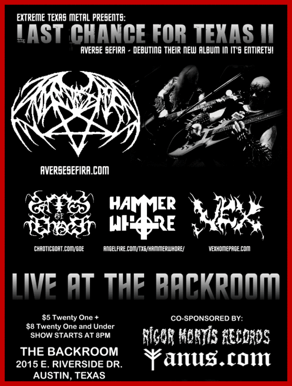 Texas Extreme Metal Flyer for Averse Sefira show on April 9, 2005 at the Backroom in Austin, TX